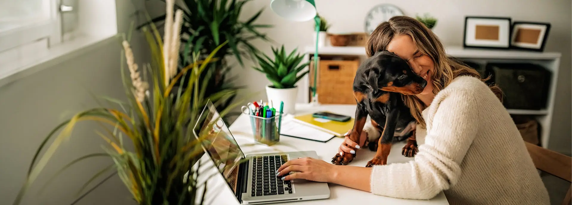 A puppy sits in the lap of a woman as she works at her laptop on a bright outdoor patio with many plants.