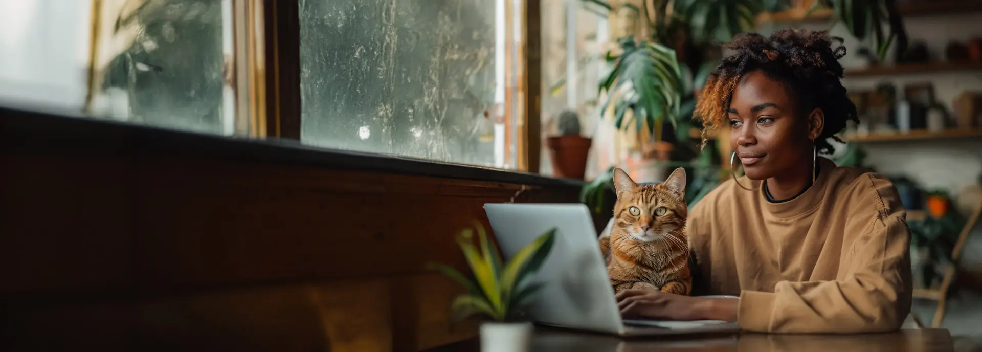 A young woman and her cat sit together at a laptop. They are seated near a window in a cozy room with many plants.