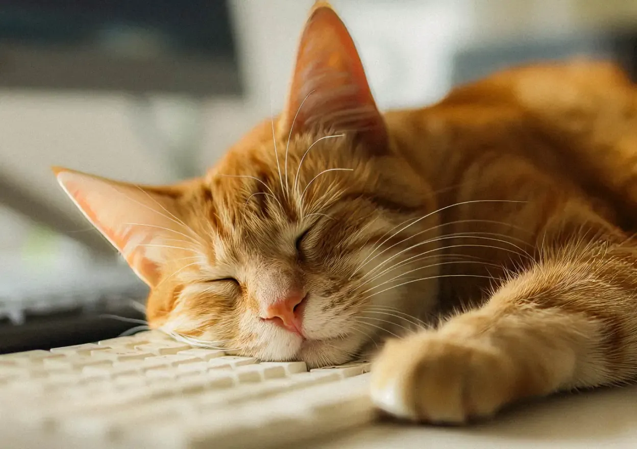 Un adorable petit chat tigré se repose, la tête posée sur un clavier.